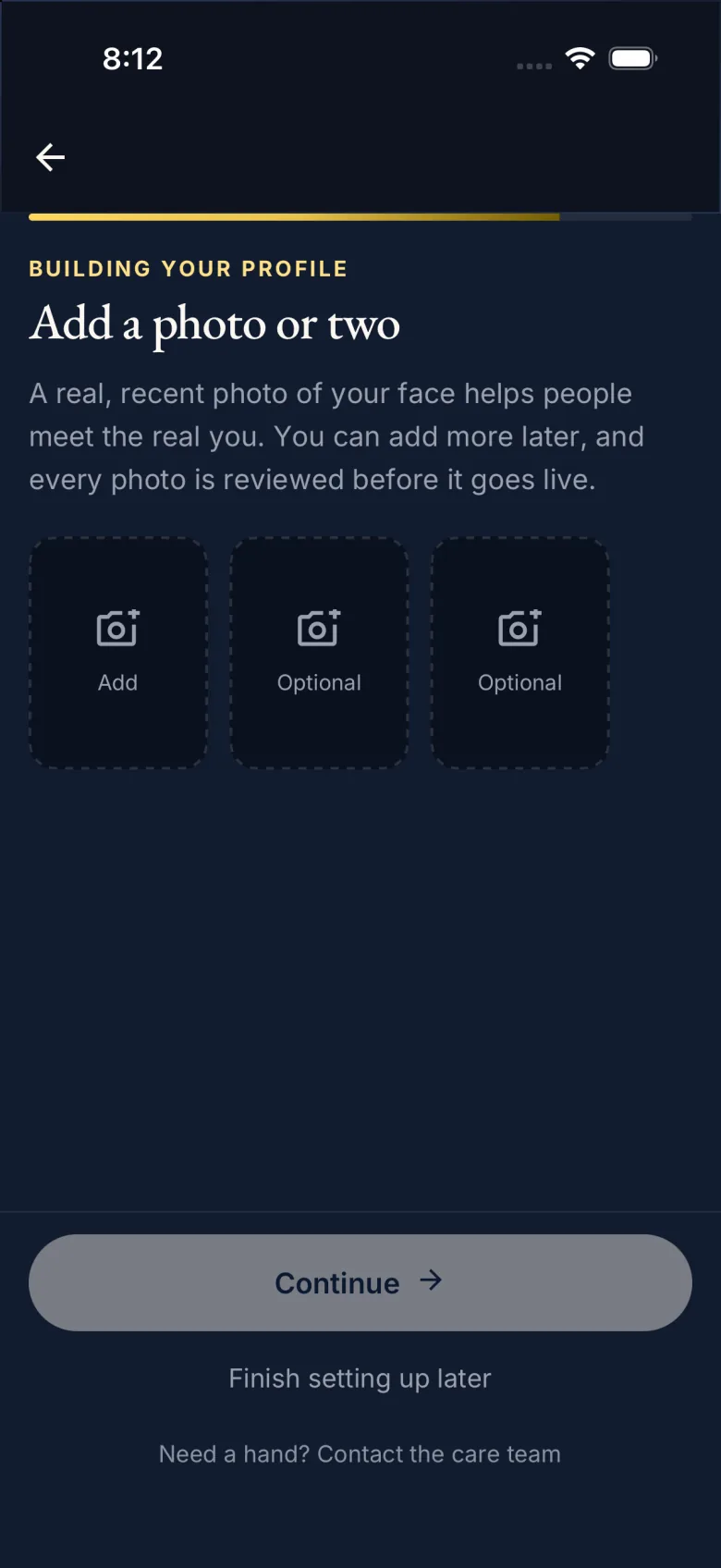 Sample add-a-photo step from the SacraDuo iOS app, 'Add a photo or two': three empty slots marked Add, Optional and Optional, and a Continue button.