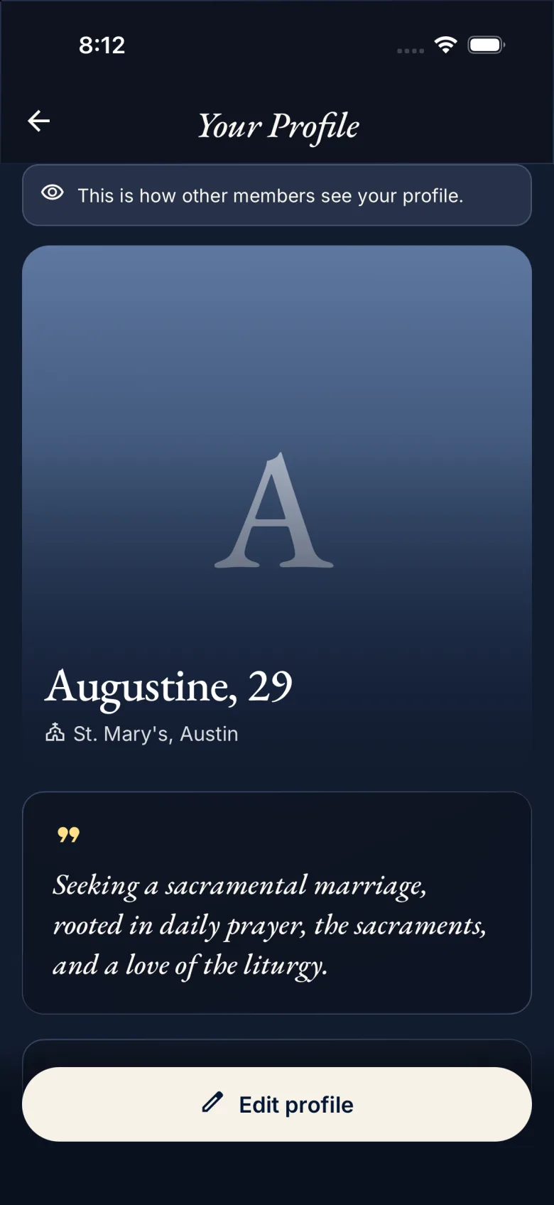 Sample profile screen from the SacraDuo iOS app: 'Augustine, 29 · St. Mary's, Austin', a monogram in place of a photo, a marriage intention and one written answer.